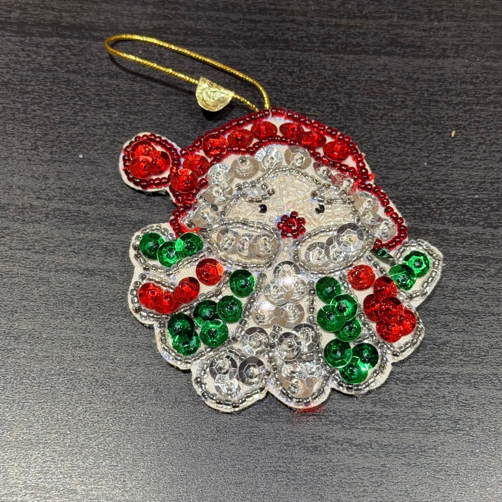Vtg Christmas Ornament Santa Red White‎ Green Silver Sequins Sparkly RARE Granny
